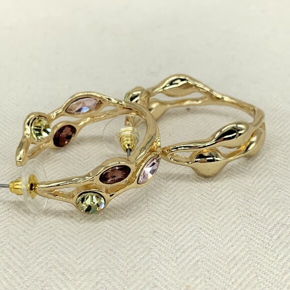 R J RJ Graziano Hoop Earrings Crystal Inside Out Glow On Gold Tone Warm Color - Picture 7 of 8